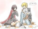  1boy 1girl cookie cup eating food jaune_arc picnic ruby_rose rwby signalkj sitting tea teacup 