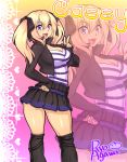  1girl agawa_ryou artist_name ass blonde_hair blue_eyes borrowed_character breasts character_name cleavage cropped_jacket fang hair_ribbon kneehighs large_breasts leg_warmers long_hair miniskirt open_mouth original ribbon skirt smile solo striped twintails v zoom_layer 