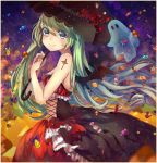  1girl bat_wings candy dress ghost green_eyes green_hair halloween hatsune_miku long_hair looking_at_viewer smile solo tattoo teka twintails umbrella very_long_hair vocaloid wings 
