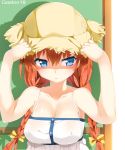  1girl bare_shoulders blue_eyes bow braid breasts cleavage gaston18 hair_bow hat highres large_breasts long_hair pout redhead solo straw_hat twin_braids 