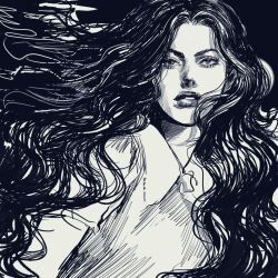  1girl commentary eyelashes greyscale highres jojo_no_kimyou_na_bouken korean_commentary long_hair looking_ahead monochrome nu_thebarbiemax parted_lips short_sleeves simple_background solo upper_body wavy_hair yamagishi_yukako 