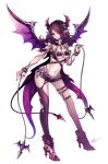  1girl breasts bya cleavage demon_girl demon_tail demon_wings fishnet_legwear fishnets hair_over_one_eye horns midriff nail_polish navel original pointy_ears purple_hair red_eyes revealing_clothes short_hair simple_background smile solo succubus tail thigh-highs under_boob white_background wings 