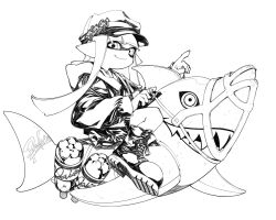  1girl boots closed_mouth commentary_request floating_hair full_body greyscale hat highres hood hood_down hooded_jacket inflatable_shark inflatable_toy inkling inkling_girl inkling_player_character jacket lace-up_boots long_hair long_sleeves looking_at_viewer mhxbump monochrome newsboy_cap pointing pointy_ears reefslider_(splatoon) riding shorts smile solo splatoon_(series) splatoon_3 tentacle_hair 