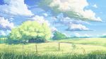  barbed_wire blue_sky building clouds grass highres kalafina landscape scenery sky tree yuuko-san 