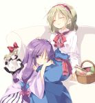  2girls ;) alice_margatroid blonde_hair bow closed_eyes hair_bow hair_ribbon hairband lolita_hairband long_hair lying_on_person multiple_girls one_eye_closed patchouli_knowledge petting purple_hair ribbon satou_kibi shanghai_doll short_hair sleeping smile touhou 