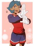  1boy aqua_hair beamed_quavers cowboy_shot dark_skin gloves goalkeeper inazuma_eleven inazuma_eleven_(series) little_gigant male mizuhara_aki musical_note open_mouth rococo_urupa short_hair soccer_uniform solo sportswear 