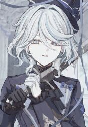  1girl absurdres black_gloves blade_to_throat bow commentary eyelashes frilled_sleeves frills furina_(genshin_impact) genshin_impact gloves hair_between_eyes hair_intakes hat hat_bow head_lift highres holding holding_sword holding_weapon koumimi looking_at_viewer mismatched_eyes parted_lips short_hair solo sword weapon white_gloves white_hair 