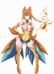  bare_shoulders blue_eyes breasts center_opening charizard detached_sleeves dress fire highres large_breasts long_hair mega_charizard_y mega_pokemon orange_hair personification pokemon pokemon_(game) ponytail short_dress xiaoking 