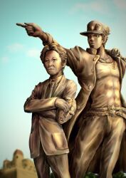  2boys absurdres araki_hirohiko_(person) bronze chain collared_shirt commentary commentary_request gakuran hat high_collar highres holding holding_mask jacket jojo_no_kimyou_na_bouken jojo_pose kaib0y kepi kujo_jotaro kujo_jotaro's_pose_(jojo) long_sleeves male_focus mask military_hat multiple_boys pointing pointing_to_the_side real_life school_uniform shirt short_hair stardust_crusaders statue stone_mask_(jojo) tuxedo 