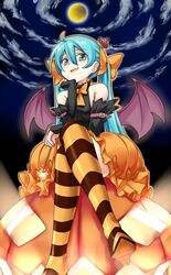  1girl aqua_eyes aqua_hair chin_rest crossed_legs crown demon_wings detached_sleeves full_moon halloween hatsune_miku highres jack-o&#039;-lantern long_hair mini_crown moon night sitting solo star striped striped_legwear thigh-highs tonbo_(11023) twintails vocaloid wand wings 