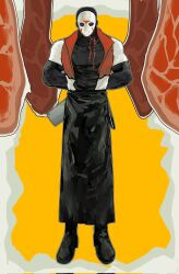  1boy akkge apron arms_behind_back black_apron black_boots boots butcher butcher_vanity_(synthesizer_v) cosplay forsaken_(roblox) friday_the_13th full_body highres hockey_mask holding holding_knife jason_voorhees knife looking_at_viewer mask red_vest roblox simple_background solo vest vimalion_pro yellow_background yi_xi_(synthesizer_v) yi_xi_(synthesizer_v)_(cosplay) 