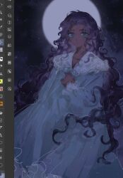  1girl aqua_dress art_program_in_frame bindi closed_mouth dark-skinned_female dark_skin dress full_moon green_eyes hand_on_own_chest highres himemiya_anthy long_hair moon night night_sky nightgown shoujo_kakumei_utena signature sky solo stariwei very_long_hair wavy_hair 