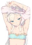  1girl aida_takanobu armpits arms_up blonde_hair blue_bra blue_eyes bra bust character_request collarbone flat_chest frilled_bra frills half-closed_eyes long_hair solo underwear undressing white_background 