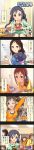  4girls 5koma ayase_honoka black_hair bow braid brown_hair character_name colored comic drill_hair gloves green_eyes hair_bow hair_ornament hairclip highres idolmaster idolmaster_cinderella_girls long_hair long_image mask miyoshi_sana multiple_girls nonomura_sora official_art one_eye_closed oohara_michiru paw_gloves pink_eyes scrunchie short_hair tall_image translation_request twin_braids twintails video_game yellow_eyes 