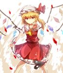  1girl ascot blonde_hair blood dress flandre_scarlet hat hat_ribbon kotou_(ko-tou) laevatein looking_at_viewer mob_cap outstretched_arm puffy_short_sleeves puffy_sleeves red_dress red_eyes red_fingernails ribbon short_sleeves side_ponytail solo touhou wings wrist_cuffs 