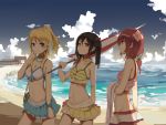  3girls ayase_eli beach beach_umbrella bikini_top black_hair blonde_hair blue_eyes bow carrying_over_shoulder gensou_kuro_usagi grin hair_bow hair_ornament hair_ribbon love_live!_school_idol_project low_ponytail multiple_girls navel nishikino_maki open_mouth pleated_skirt ponytail red_eyes redhead ribbon skirt smile swimsuit twintails yazawa_nico 