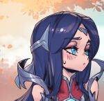  1girl bare_shoulders black_hair blue_eyes blush dress headpiece irelia league_of_legends looking_to_the_side parted_bangs petals phantom_ix_row portrait red_dress solo sweat 