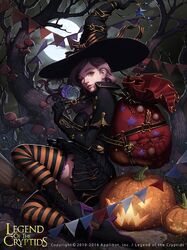  1girl cglange dress halloween high_heels highres legend_of_the_cryptids original solo thigh-highs watermark witch 