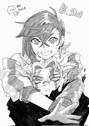  1boy 1girl arms_around_neck ayase_momo dandadan dated earrings facial_mark glasses greyscale hair_between_eyes hashtag-only_commentary heads_together highres jacket jewelry kai_(huikuai2) looking_at_viewer monochrome open_hand outstretched_hand round_eyewear short_hair simple_background straight-on takakura_ken_(dandadan) takakura_ken_(transformed)_(dandadan) transformation upper_body 