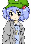  1girl alternate_costume blue_eyes blue_hair bust hair_bobbles hair_ornament hat jacket jewelry kawashiro_nitori key long_sleeves looking_at_viewer meme-tan_(bana_nan26) millipen_(medium) necklace open_clothes open_jacket shirt solo touhou traditional_media twintails 