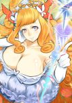  1girl breasts cleavage elbow_gloves gloves large_breasts long_hair looking_at_viewer lord_of_vermilion lord_of_vermilion_iii orange_hair smile solo souren staff violet_eyes 