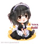  1girl :d black_eyes black_hair chibi copyright_request dated looking_at_viewer maid maid_headdress open_mouth sitting smile solo twitter_username yuzucha_(sora-neko) 