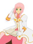  1girl book coat dress estellise_sidos_heurassein gloves green_eyes highres konno_(pixiv) pink_hair short_hair smile solo tales_of_(series) tales_of_vesperia white_background 