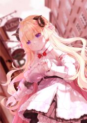  1girl 54hao ahoge animal_ears blonde_hair blurry blurry_background braid breasts building closed_mouth commentary depth_of_field detached_sleeves dress fur-trimmed_dress fur-trimmed_sleeves fur_trim hair_between_eyes hair_ornament hairclip highres hololive horns long_hair long_sleeves medium_breasts outdoors sheep_ears sheep_girl sheep_horns sign smile solo tsunomaki_watame tsunomaki_watame_(1st_costume) very_long_hair violet_eyes virtual_youtuber white_dress window 
