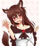  1girl animal_ears blush brooch brown_hair bust collarbone fang flying_sweatdrops highres imaizumi_kagerou jewelry long_sleeves looking_at_viewer minaka open_mouth red_eyes shirt solo tail touhou wide_sleeves wolf_ears wolf_tail 