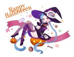  1girl :d asymmetrical_legwear black_gloves blue_hair braid candy crossed_bandaids crossed_legs fang gloves gwayo happy_halloween hat jack-o&#039;-lantern jinx_(league_of_legends) league_of_legends long_hair looking_at_viewer open_mouth pink_eyes smile solo striped striped_legwear thigh-highs twin_braids very_long_hair white_background witch_hat 