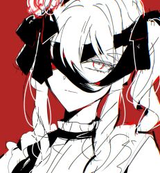  1other akiyama_mizuki black_blindfold blindfold bow closed_mouth covered_eyes dress expressionless flower frills hair_flower hair_ornament hair_ribbon highres hoshino_ichika_(project_sekai) keikyoku_no_machi_wa_doko_e_(project_sekai) lace-trimmed_blindfold long_hair looking_at_viewer official_alternate_costume one_eye_in_shadow pink_hair project_sekai red_background ribbon shirt side_ponytail sidelocks simple_background solo vmtpzk white_dress 