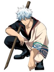  black_boots black_pants black_shirt blue_hair bokken boots collarbone gintama hadanugi_dousa highres japanese_clothes kimono kneeling long_sleeves looking_at_viewer male_focus pants popped_collar red_eyes sakata_gintoki shirt short_sleeves simple_background solo sword weapon white_background white_kimono wide_sleeves wooden_sword yubi_nui21 