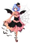  1girl alternate_costume bat bat_wings blue_hair blush brooch corset cross-laced_legwear fang fang_out gothic_lolita hat highres hoxi jewelry lolita_fashion looking_away platform_footwear red_eyes remilia_scarlet silk solo spider_web touhou wings 