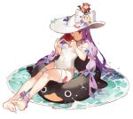  1girl alternate_costume ankle_cuffs arm_strap bare_shoulders barefoot blush book bow casual_one-piece_swimsuit character_doll covered_navel hair_bow hat hat_bow innertube koakuma long_hair one-piece_swimsuit patchouli_knowledge purple_hair small_breasts solo starshadowmagician sun_hat swimsuit thigh_strap touhou very_long_hair violet_eyes water white_background white_swimsuit 