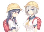  ahoge backpack bag black_hair blue_eyes blush hair_ornament hair_over_one_eye hairclip hamakaze_(kantai_collection) hat helmet kantai_collection kindergarten_uniform long_hair mikage_sekizai multiple_girls randoseru school_uniform serafuku short_hair silver_hair ushio_(kantai_collection) 