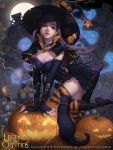  1girl breasts cat cglange cleavage dress halloween high_heels highres legend_of_the_cryptids original solo thigh-highs watermark witch 