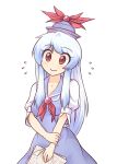  1girl blue_hair blush breasts brooch dress flying_sweatdrops hat jewelry kamishirasawa_keine long_hair looking_at_viewer puffy_short_sleeves puffy_sleeves red_eyes short_sleeves smile solo test_paper touhou wool_(miwol) 