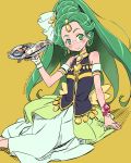  1girl 2014 blush brooch choker dated dress food glasses green_eyes green_hair green_haired_cure_(wonderful_net_precure)_(happinesscharge_precure!) hair_ribbon happinesscharge_precure! highres isedaichi_ken jewelry long_hair plate ponytail precure ribbon signature smile solo yellow_background 