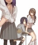  ashigara_(kantai_collection) brown_hair desk eyepatch hand_on_own_face headgear_removed kantai_collection leg_warmers looking_back school sitting skirt sweatdrop tatsuta_(kantai_collection) tenryuu_(kantai_collection) yue_teitoku 