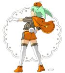  1boy aqua_eyes bunny_tail fei_rune gloves green_hair halloween inazuma_eleven_(series) inazuma_eleven_go inazuma_eleven_go_chrono_stone jack-o&#039;-lantern looking_at_viewer looking_back male mizuhara_aki open_mouth pumpkin shorts solo standing star tail thigh-highs white_background white_gloves white_legwear 