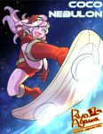  1girl agawa_ryou alien awesomenauts blue_eyes boots character_name coco_nebulon gloves goggles goggles_on_head hover_board lips lipstick long_hair makeup pink_hair pink_skin red_gloves shorts solo space tentacle_hair 