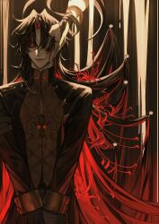  1boy absurdres ambiguous_yellow_liquid bandaged_hand bandages black_coat black_gloves black_hair blade_(honkai:_star_rail) blood blood_drip blood_on_face coat colored_inner_hair commentary cuffs entangled facing_ahead facing_viewer flower gloves glowing glowing_eye hair_lift hair_over_one_eye hair_spread_out hand_on_another's_cheek hand_on_another's_face hand_wraps handcuffs highres honkai:_star_rail honkai_(series) long_hair looking_ahead looking_at_viewer male_focus multicolored_hair own_hands_together parted_bangs pinned reaching reaching_towards_another red_eyes red_theme smile solo_focus spider_lily ssanagi00 standing symbol-only_commentary too_many_flowers upper_body very_long_hair 