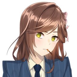  1girl acrylicstroke blu_spy_(tf2) blue_jacket blue_necktie brown_hair cigarette collared_shirt commission commissioner_upload cosplay formal_clothes green_eyes hair_ornament highres jacket long_hair looking_at_viewer necktie non-web_source rosa_(tears_of_themis) shirt smoking solo spy_(tf2) spy_(tf2)_(cosplay) striped_clothes striped_jacket team_fortress_2 tears_of_themis transparent_background upper_body vertical-striped_clothes vertical-striped_jacket white_shirt 