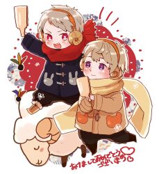  2boys animal animal_print arm_up axis_powers_hetalia baggy_pants bear_print black_boots black_pants blonde_hair blue_coat blush boots brown_boots brown_coat chibi closed_mouth coat commentary_request fake_horns full_body fur-trimmed_boots fur_trim grey_hair hagoita hair_between_eyes hairband horns kikumon long_sleeves looking_at_another multiple_boys new_year notice_lines open_mouth orange_hairband paddle pants pink_eyes prussia_(hetalia) red_scarf russia_(hetalia) scarf sheep sheep_horns short_hair sikippp smile standing teeth v-shaped_eyebrows violet_eyes wide_sleeves yellow_scarf 