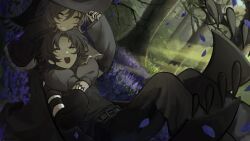  1boy 1other arm_up azure_(forsaken) black_capelet black_dress black_hair black_nails black_pants black_scarf black_shirt capelet closed_eyes dappled_sunlight day dress flower forest forsaken_(roblox) grin hat highres kamwaao legs_up nature open_mouth outdoors pants parted_bangs purple_flower roblox scarf shirt smile sunlight two_time_(forsaken) witch_hat 