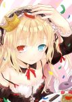  1girl blonde_hair blue_eyes boku_wa_tomodachi_ga_sukunai confetti crown gothic_lolita happy_birthday hasegawa_kobato headdress heterochromia highres lolita_fashion long_hair mini_crown red_eyes ribbon solo stuffed_animal stuffed_bunny stuffed_toy 