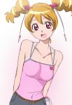  1girl :d bare_shoulders breasts brown_hair fresh_precure! looking_at_viewer manji_(tenketsu) momozono_love open_mouth pink_eyes precure short_hair sketch smile solo twintails 
