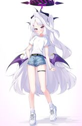  1girl absurdres alternate_costume blue_archive blue_shorts blush bracelet casual cobe demon_girl demon_horns demon_wings denim denim_shorts full_body halo hand_on_own_hip highres hina_(blue_archive) horns jewelry long_hair low_wings multiple_horns one_side_up open_mouth shirt short_shorts short_sleeves shorts simple_background socks solo thigh_strap very_long_hair violet_eyes white_background white_hair white_shirt white_sneakers white_socks wings 