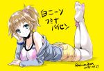  1girl akaza blue_eyes blush breasts brown_hair cleavage gundam gundam_build_fighters gundam_build_fighters_try hoshino_fumina large_breasts looking_at_viewer ponytail shorts smile solo sports_bra thigh-highs white_legwear 