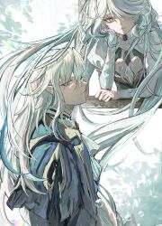  1boy 1girl absurdres collar focalors_(genshin_impact) genshin_impact hair_between_eyes hair_over_one_eye highres koumimi leaning_forward long_hair long_sleeves looking_back looking_to_the_side neuvillette_(genshin_impact) pointy_ears serious shirt smile soap_bubbles very_long_hair white_background white_hair white_shirt 